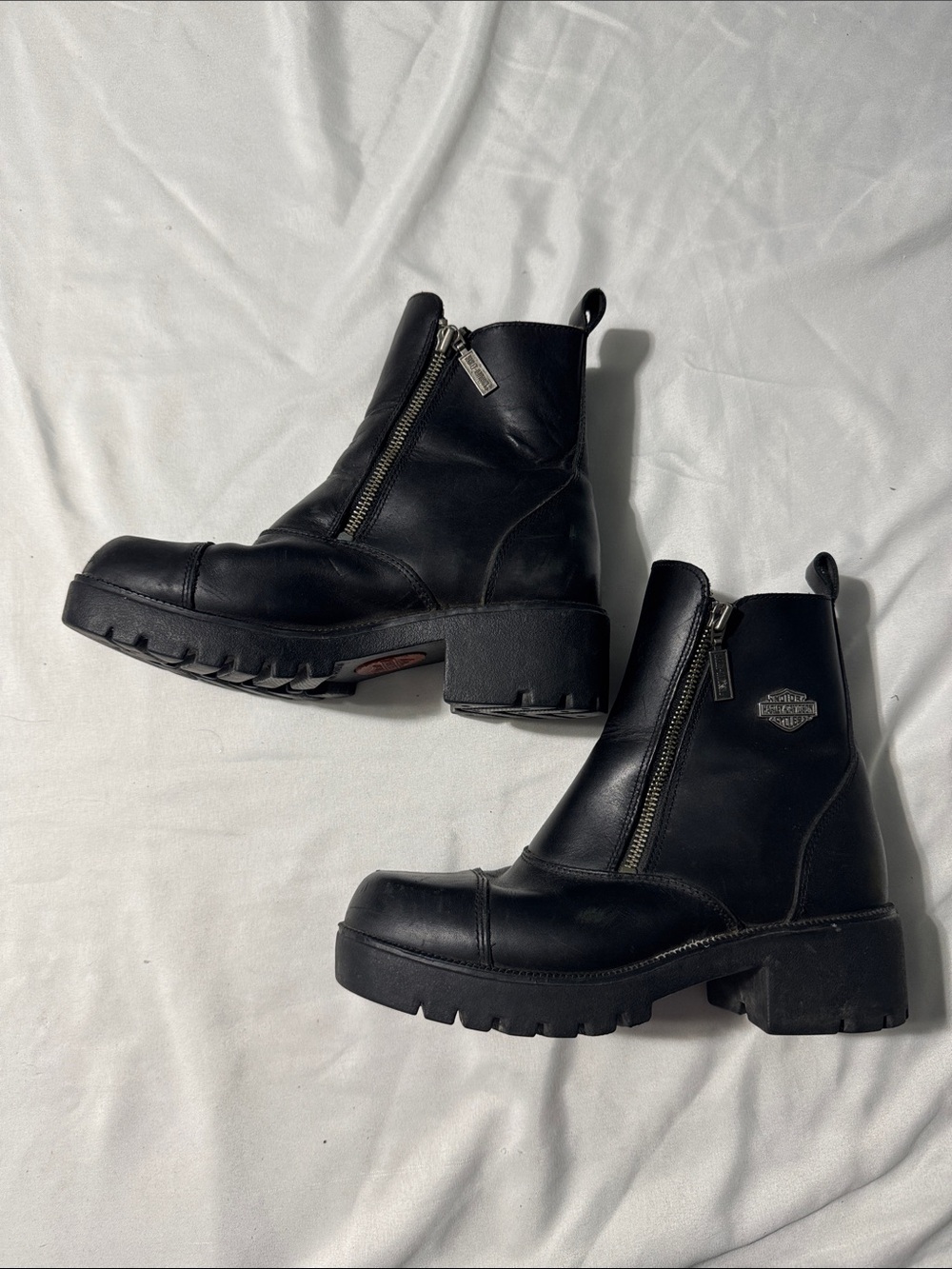 Harley-Davidson Black Leather Side Zip Boots 7.5 Motorcycle Combat Lug Sole Moto
